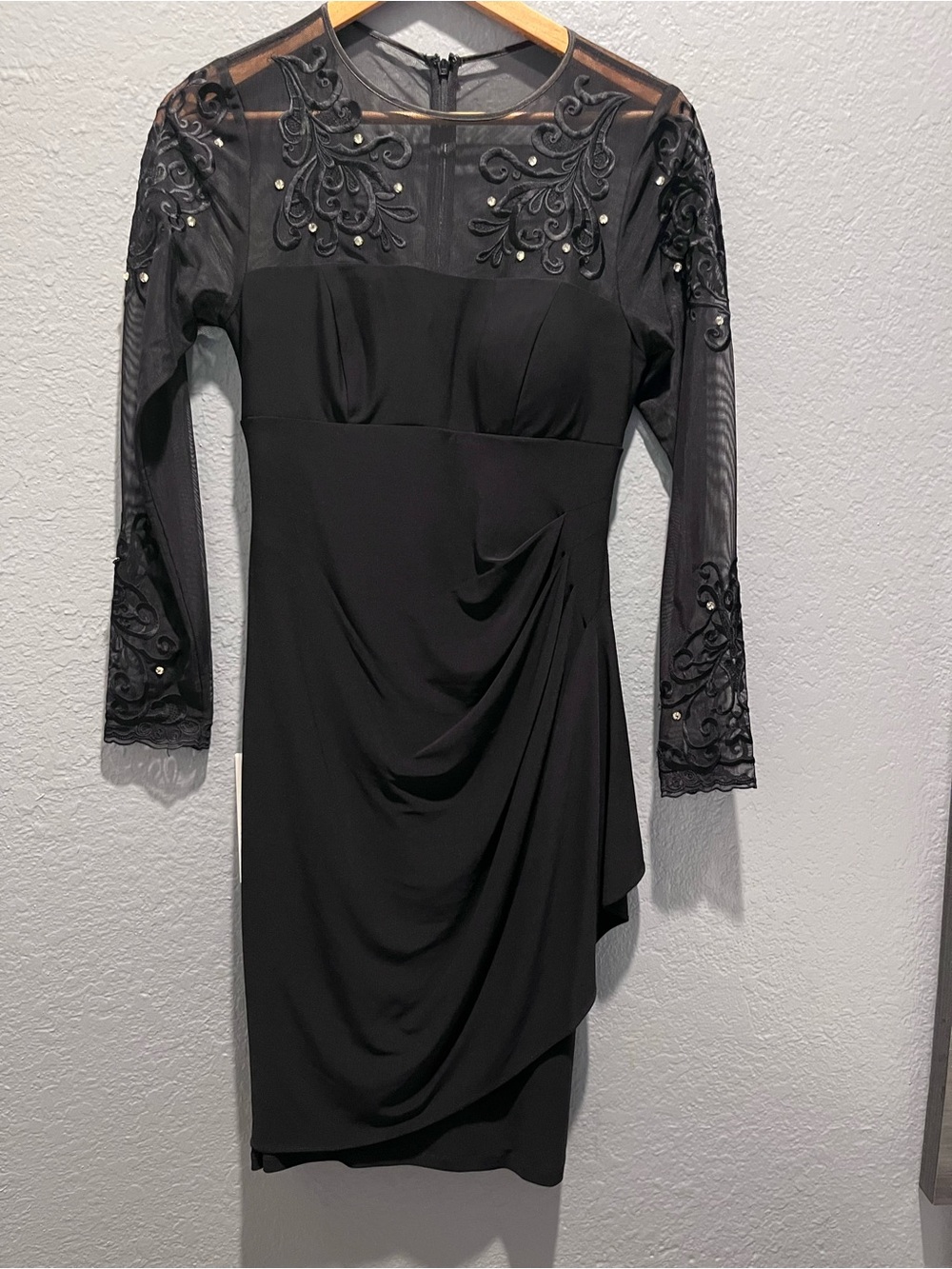 Xscape Black Long-Sleeve Embroidered Sheer Cocktail Dress - Picture 7 of 10